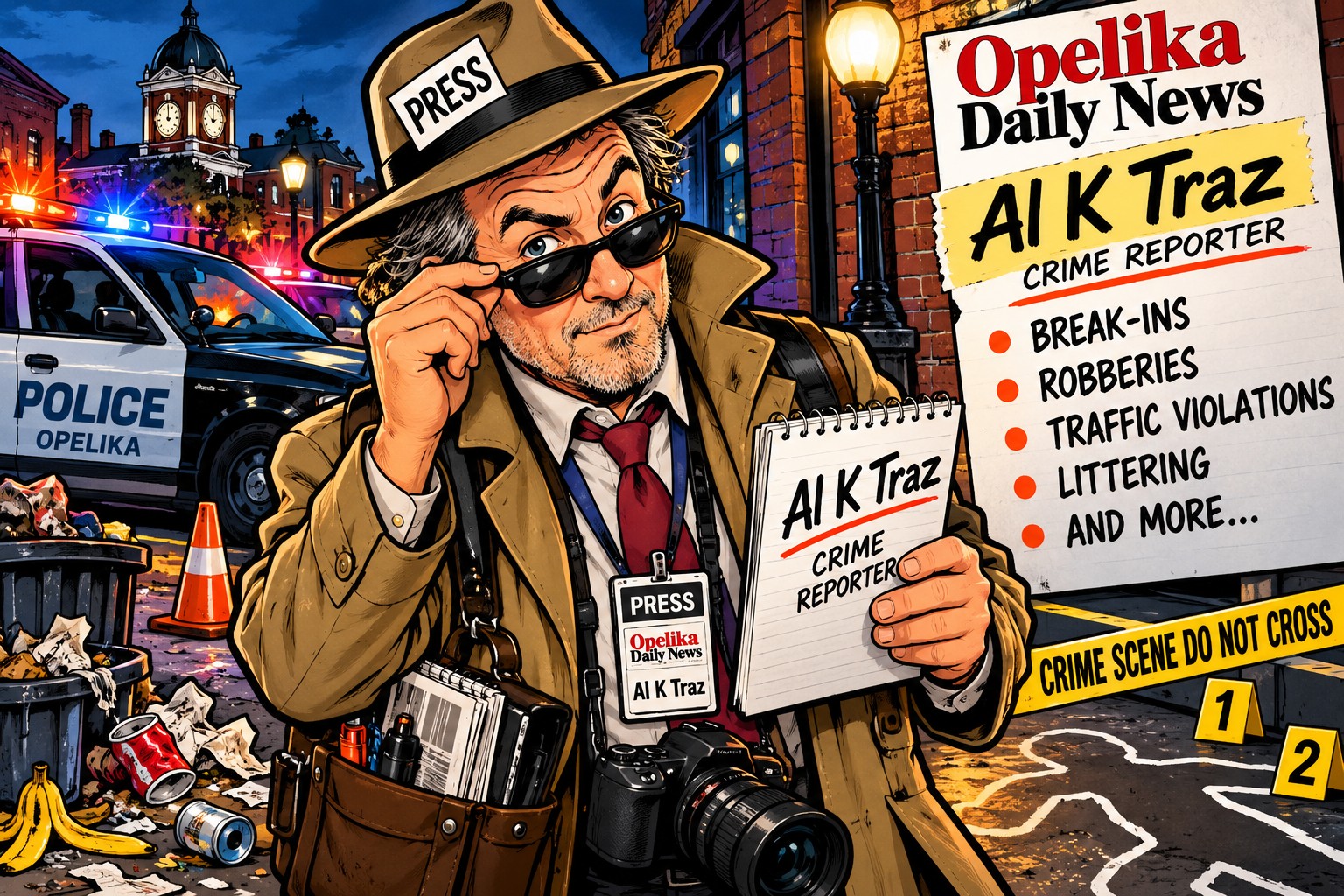 Al K Traz, Opelika Daily News crime reporter (AI-generated illustration)