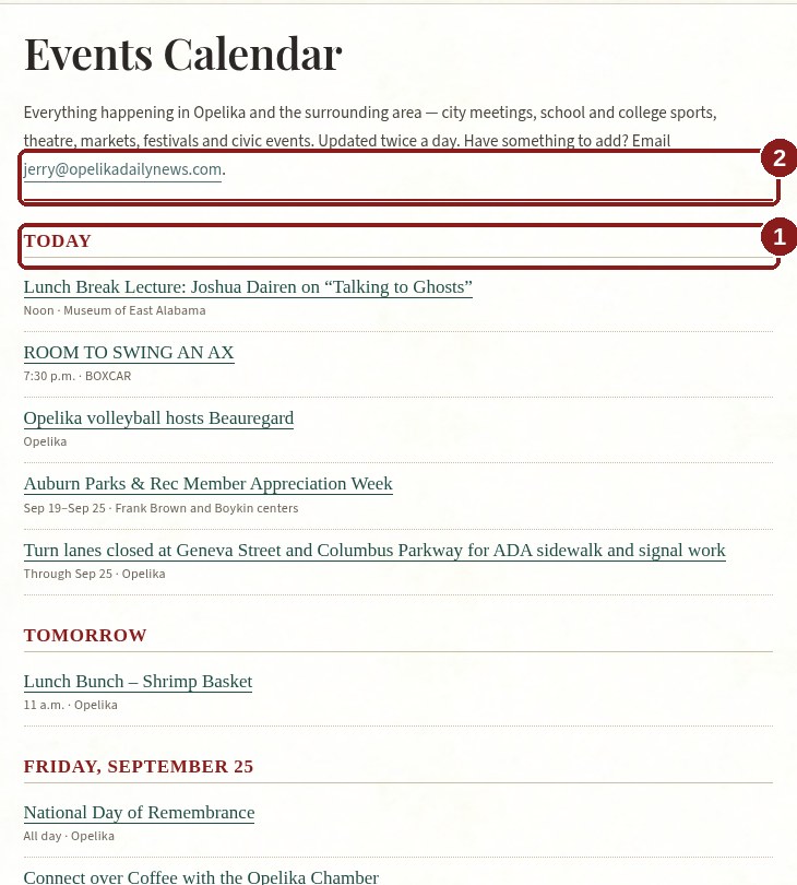 ODN events calendar page with callouts