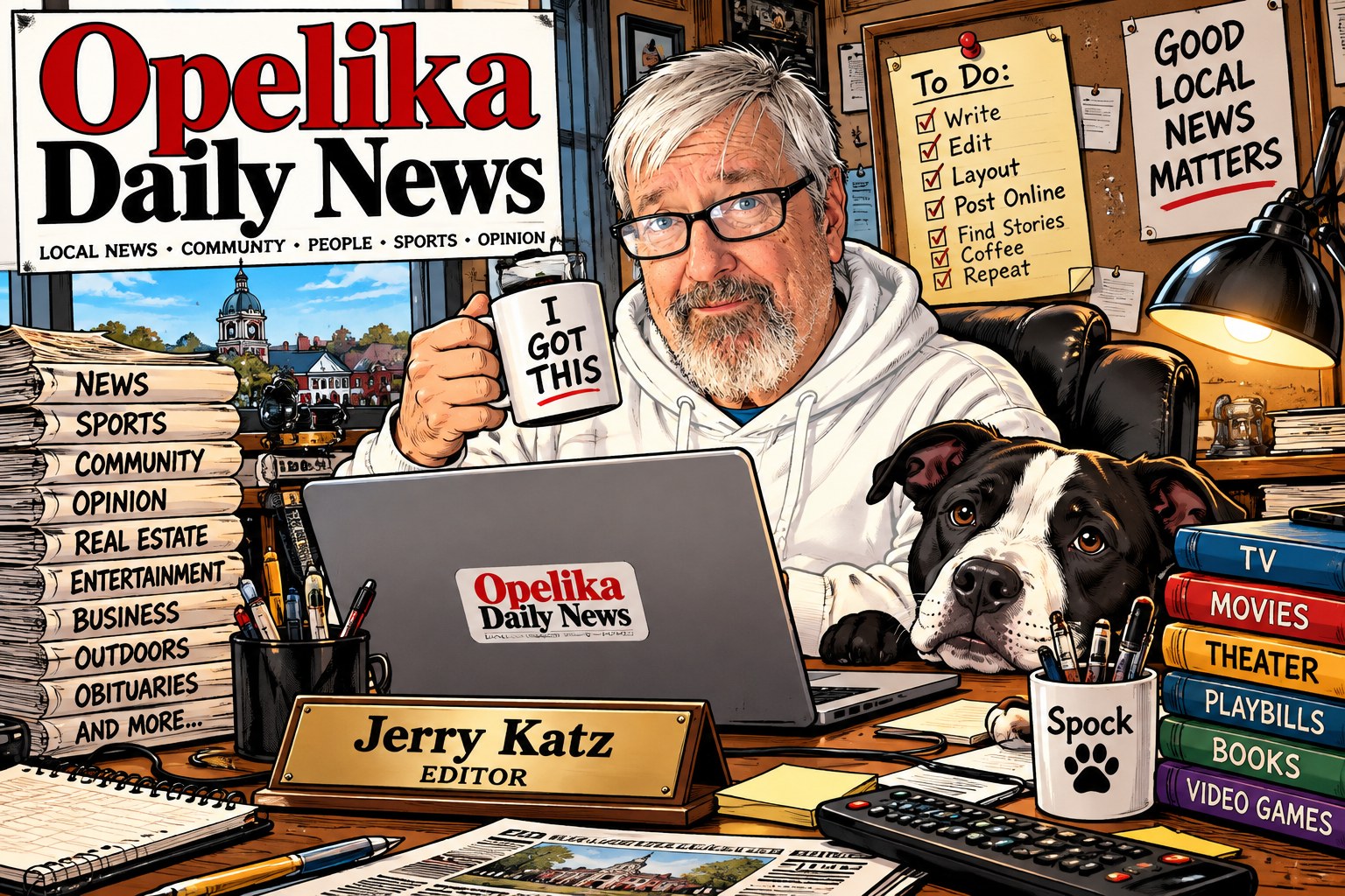 Jerry Katz at his desk at the Opelika Daily News with Spock, his rescue pit bull (AI-enhanced illustration from a photograph)