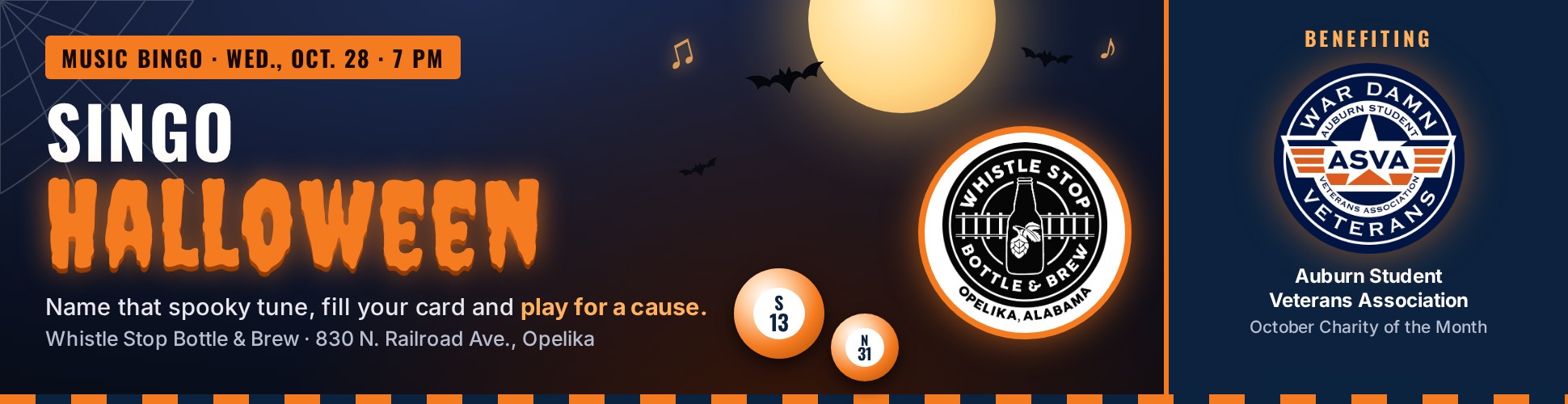 Singo Halloween music bingo, Wed., Oct. 28, 7 PM at Whistle Stop Bottle & Brew, Opelika, benefiting the Auburn Student Veterans Association